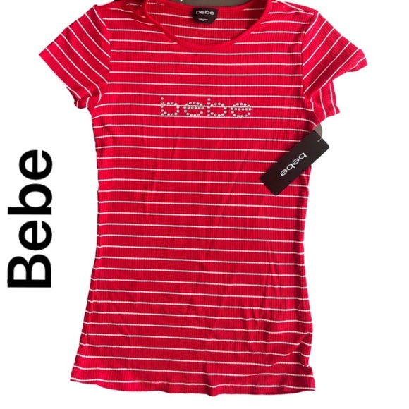 Bebe Vibrant Red and White Striped Tee Size Small NEW - Picture 1 of 7